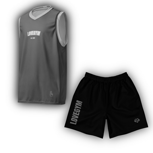 Grey sleeveless shirt Tank Top and black shorts with 'LOVEGYM' branding on a white background