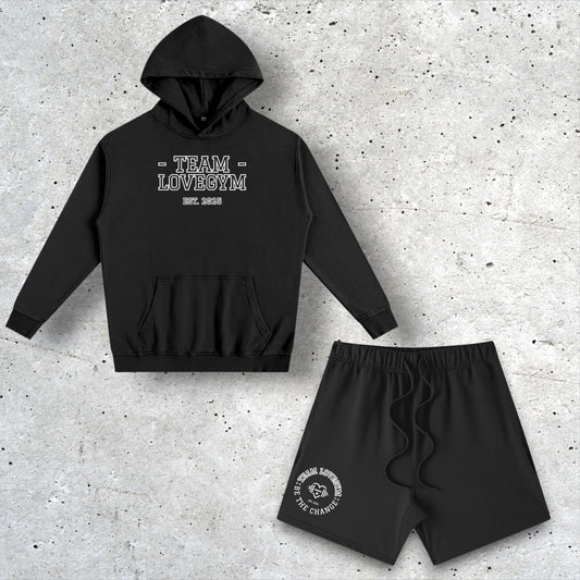 TEAM LOVEGYM Oversized Hoodie & Black Shorts Set