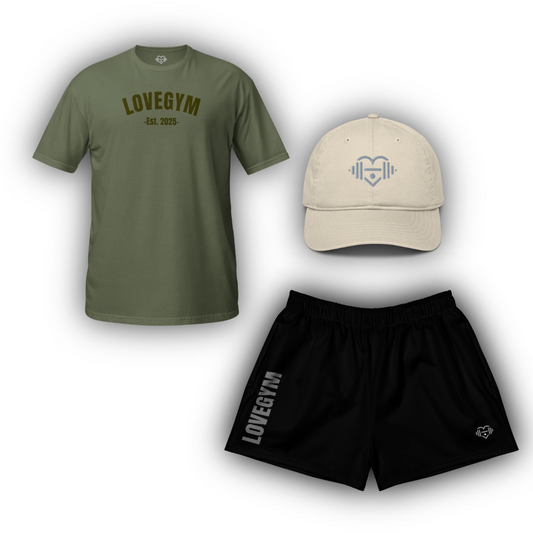 Green t-shirt, beige cap, and black shorts with 'LOVEGYM' branding on a white background