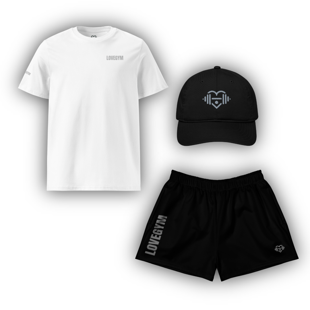 White t-shirt, black cap, and black shorts with 'LOVEGYM' branding on a white background