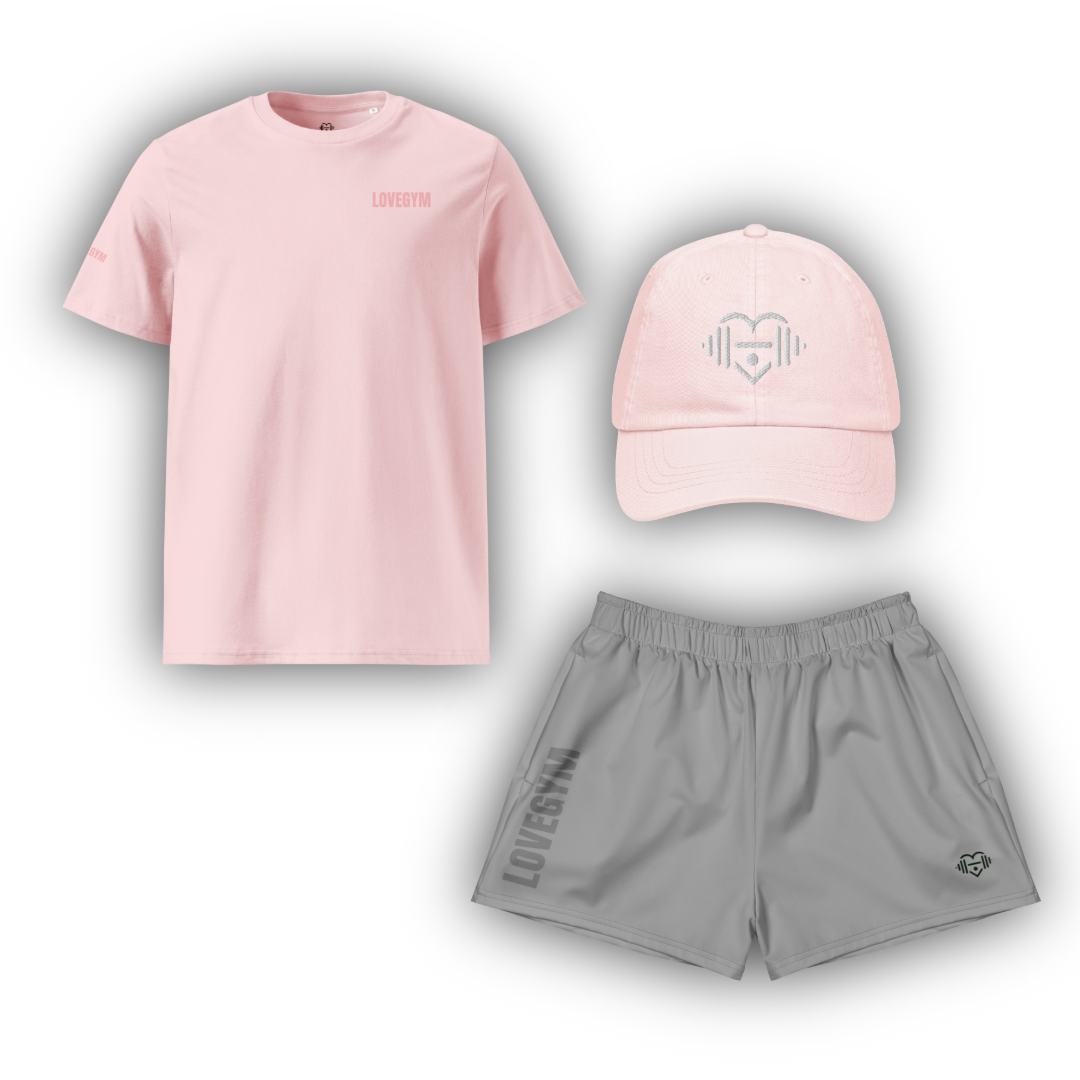 Pink LOVEGYM Organic t-shirt, pink LOVEGYM Pastel cap, and grey LOVEGYM shorts with branding on a white background