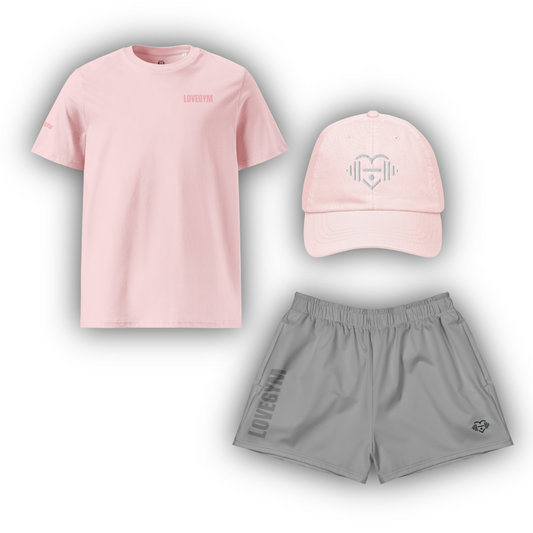 Pink LOVEGYM Organic t-shirt, pink LOVEGYM Pastel cap, and grey LOVEGYM shorts with branding on a white background