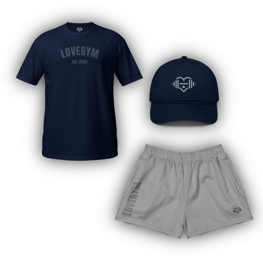 Navy t-shirt, gray shorts, and navy cap with 'LOVEGYM' branding on a white background