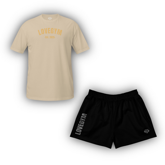 Beige t-shirt and black shorts with 'LOVEGYM' branding on a white background