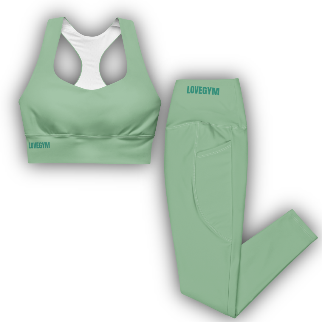 Green sports bra and leggings set with 'LOVEGYM' branding on a white background