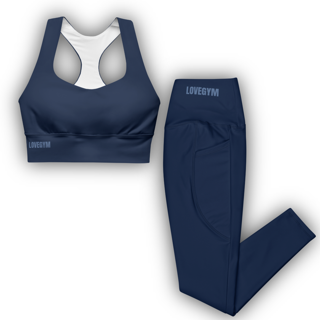 Navy blue sports bra and leggings set with 'LOVEGYM' branding on a white background