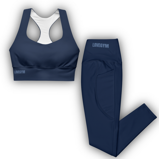 Navy blue sports bra and leggings set with 'LOVEGYM' branding on a white background