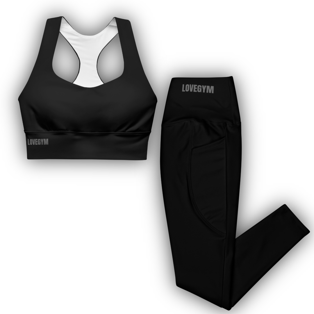 Black sports bra and leggings set with 'LOVEGYM' branding on a white background