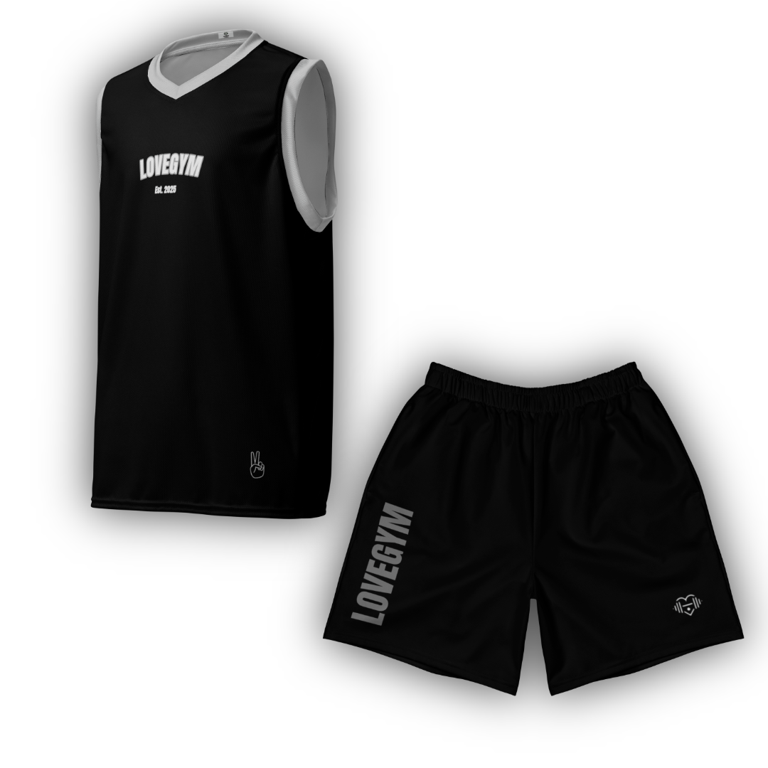 Black sleeveless shirt and shorts set with 'LOVEGYM' branding on a white background