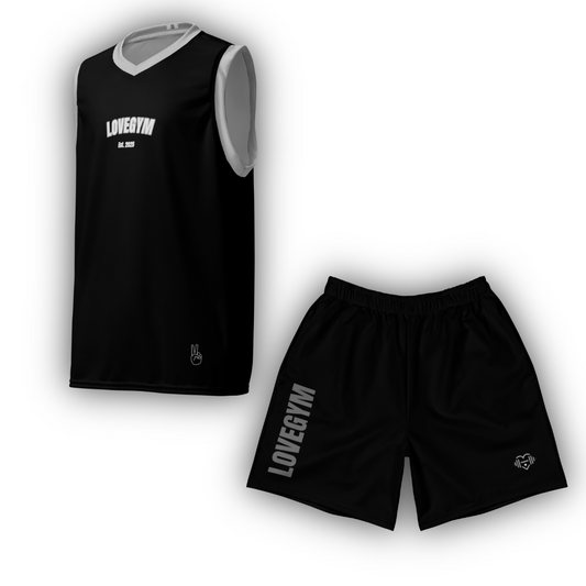 Black sleeveless shirt and shorts set with 'LOVEGYM' branding on a white background