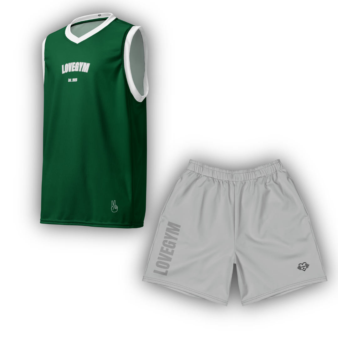 Green sleeveless sports jersey and grey shorts with 'LOVEGYM' branding on a white background