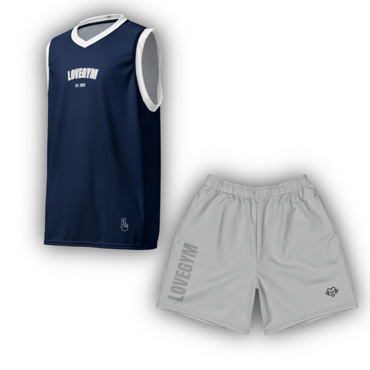 Navy sleeveless sports jersey and grey shorts with 'LOVEGYM' branding on a white background