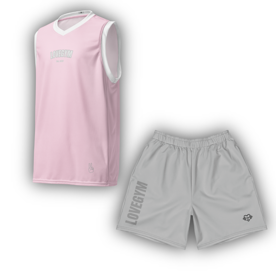 Pink sleeveless shirt and grey shorts with 'LOVEGYM' branding on a white background