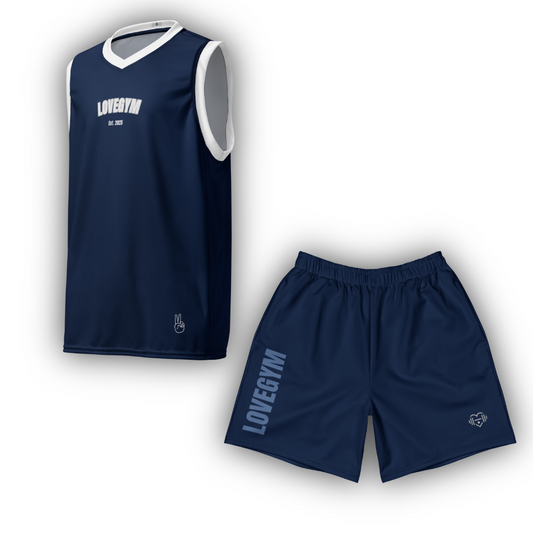 Navy blue sleeveless shirt and shorts set with 'LOVEGYM' branding on a white background
