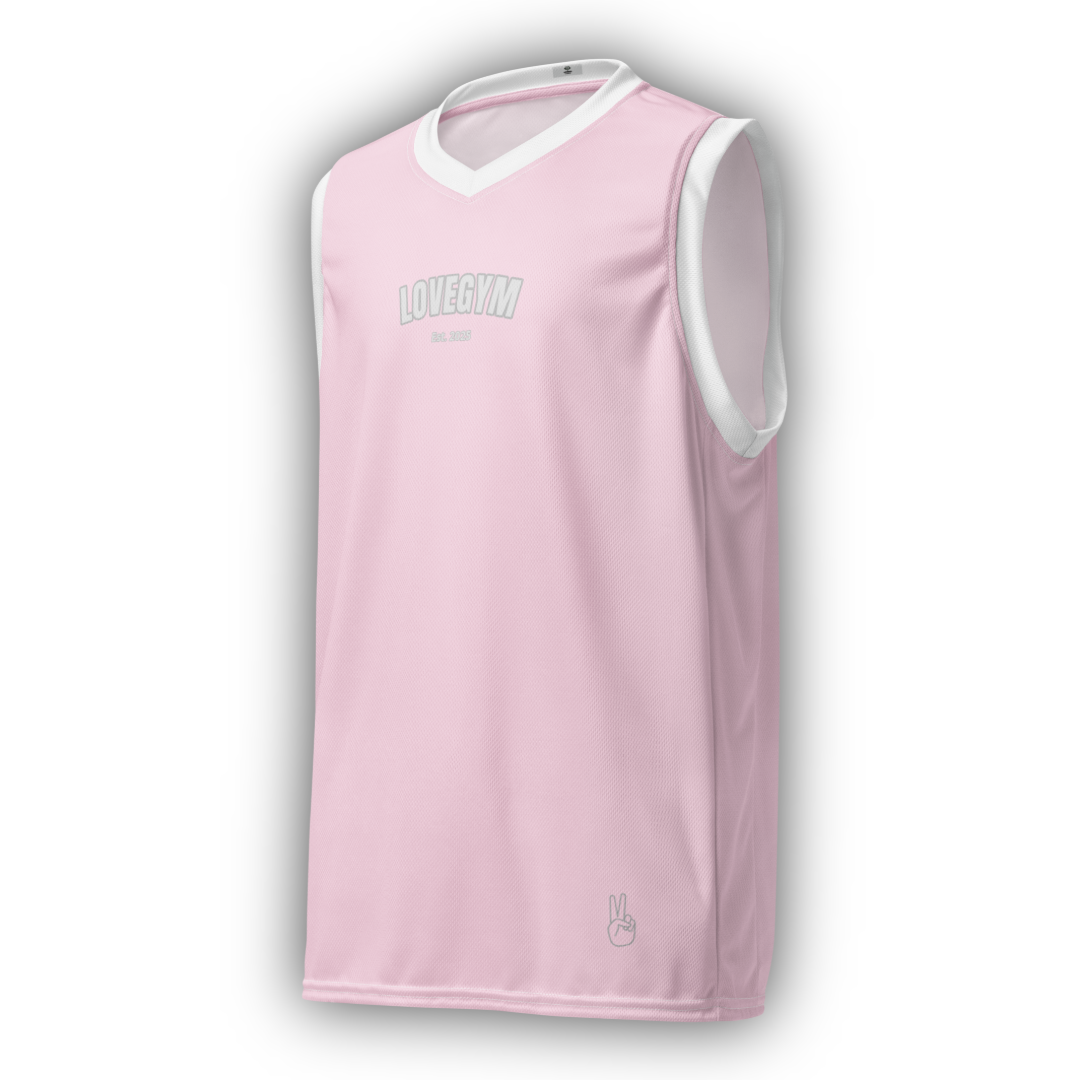 Pink LOVEGYM Tank Top with white trim on a white background