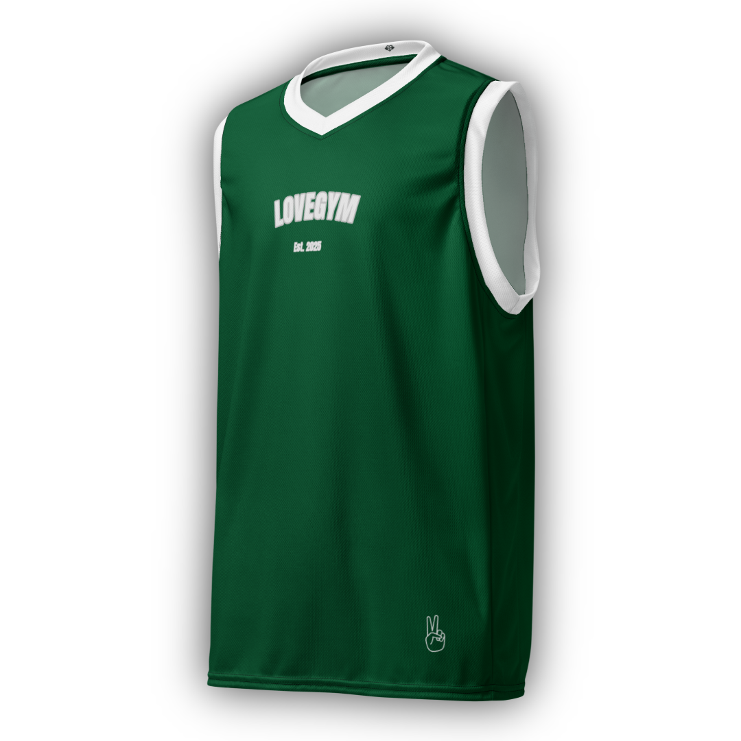 Green sleeveless sports jersey tank top with white collar and 'LOVEGYM' branding on a white background