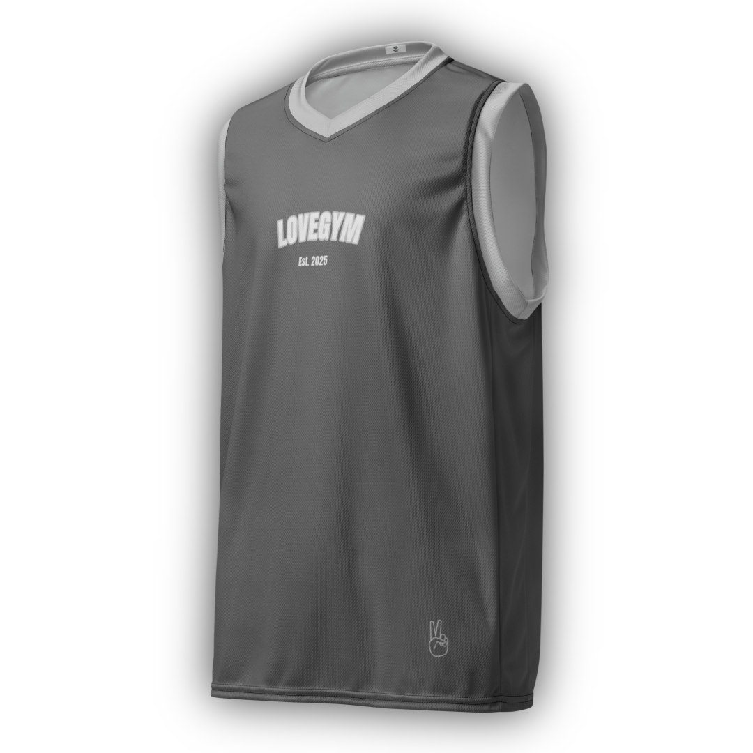 Grey sleeveless shirt tank top with 'LOVEGYM' branding on a white background
