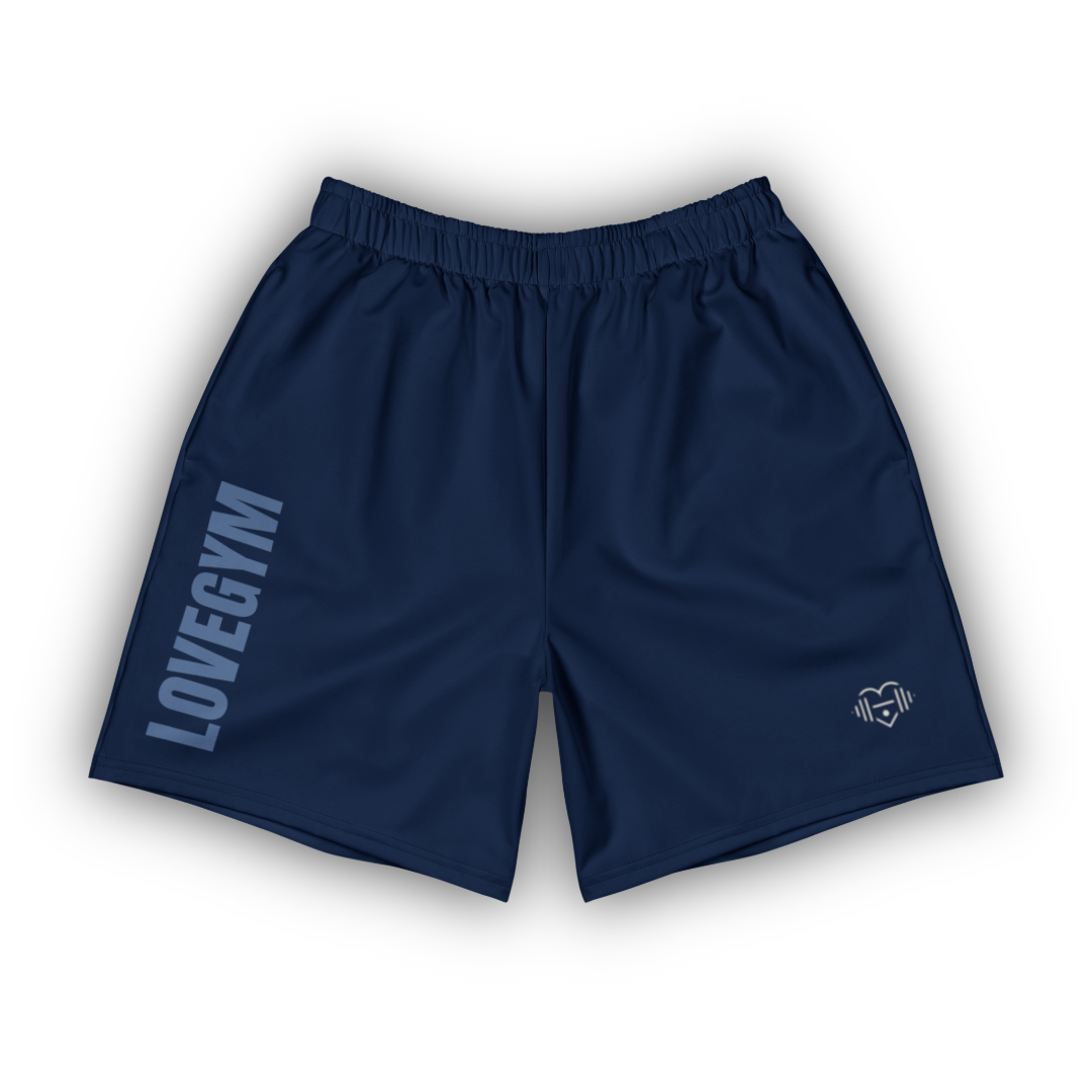 Navy blue shorts with 'LOVEGYM' branding on a white background