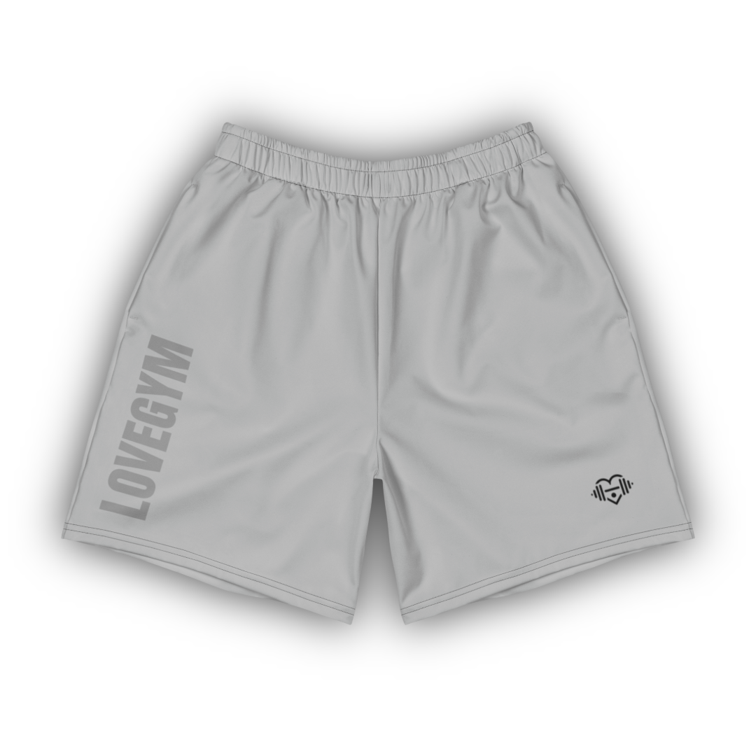 Grey shorts with 'LOVEGYM' branding on a white background