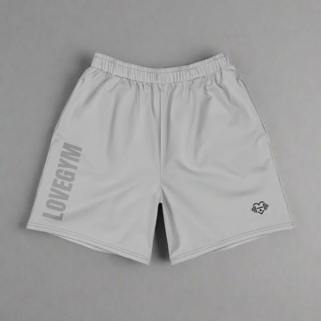 Gray shorts with 'LOVEGYM' branding on a white background