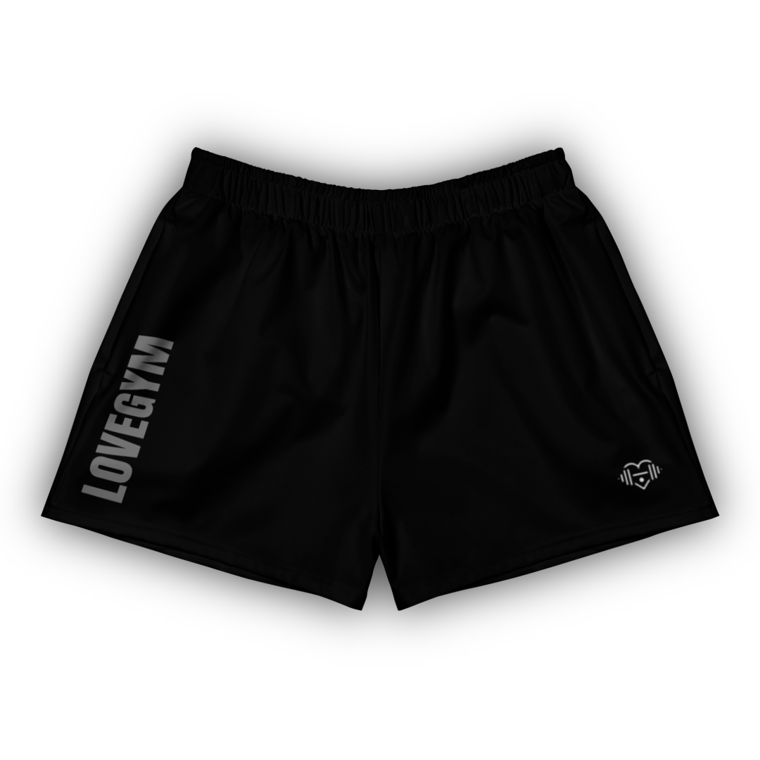 Black shorts with 'LOVEGYM' text on a white background