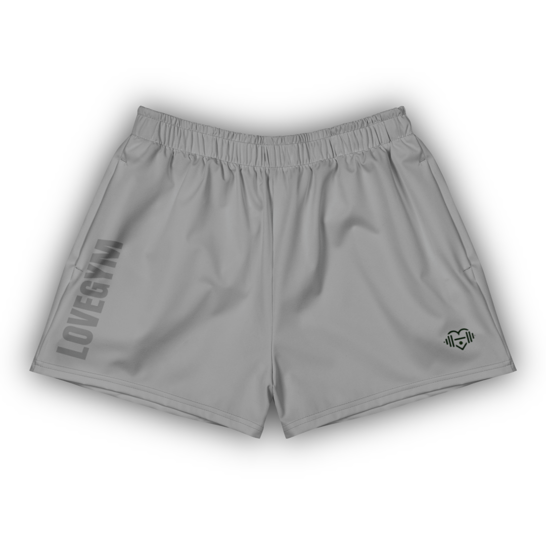 Grey shorts with 'LOVEGYM' branding on a white background
