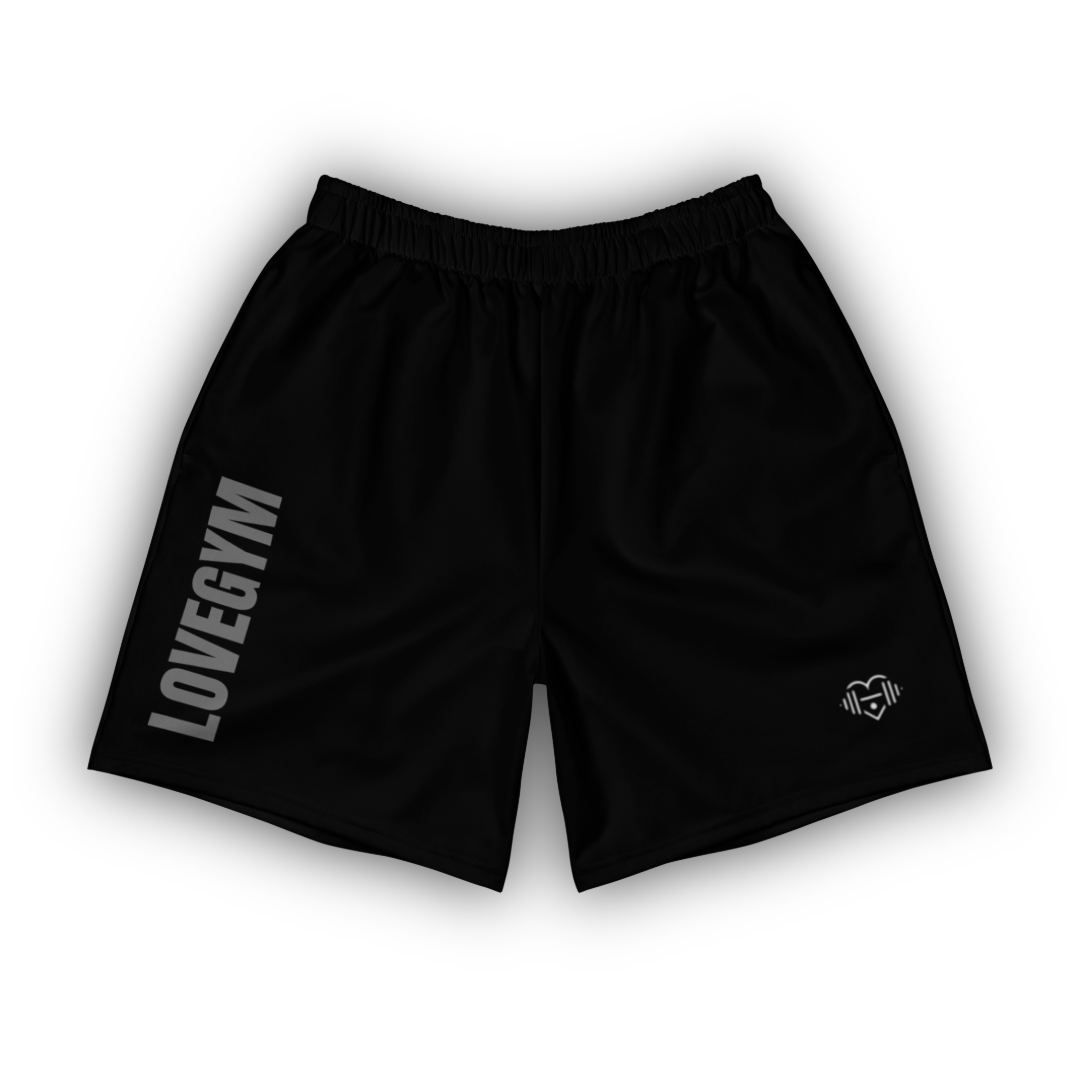 Black shorts with 'LOVEGYM' branding on a white background
