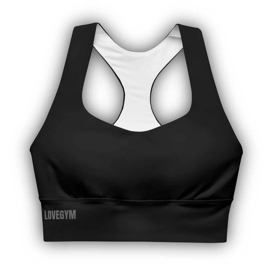 Black sports bra with 'LOVEGYM' branding on a white background
