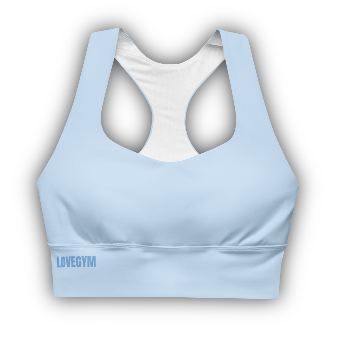 Light blue sports bra with 'LOVEGYM' branding on a white background