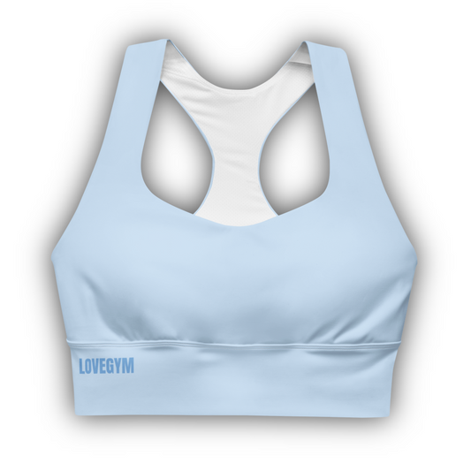 Light blue sports bra with 'LOVEGYM' branding on a white background