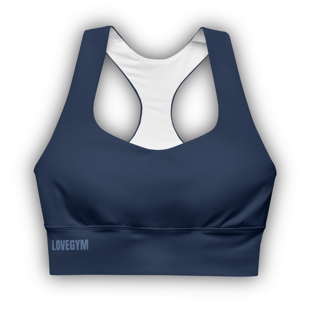 Navy blue sports bra with 'LOVEGYM' branding on a white background