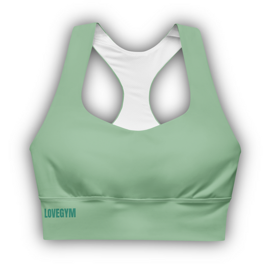 Green sports bra with 'LOVEGYM' branding on a white background