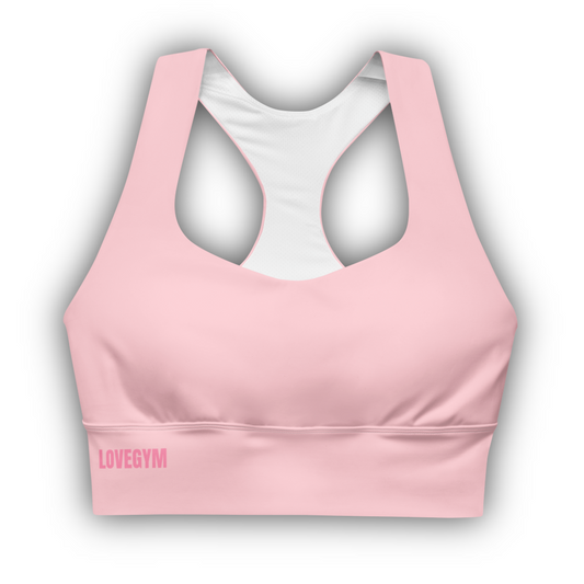 Pink sports bra with 'LOVEGYM' logo on a white background