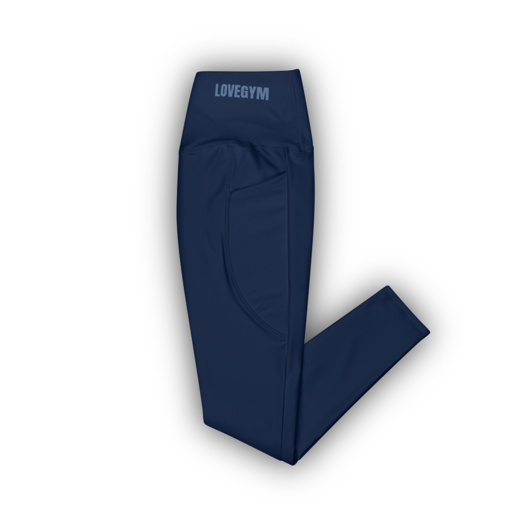 Navy blue leggings with 'LOVEGYM' branding on a white background
