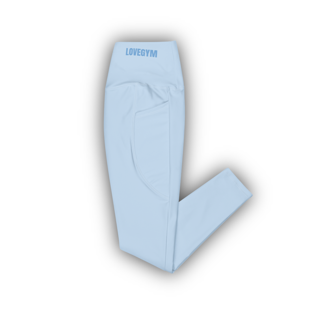 Light blue leggings with 'LOVEGYM' branding on a white background