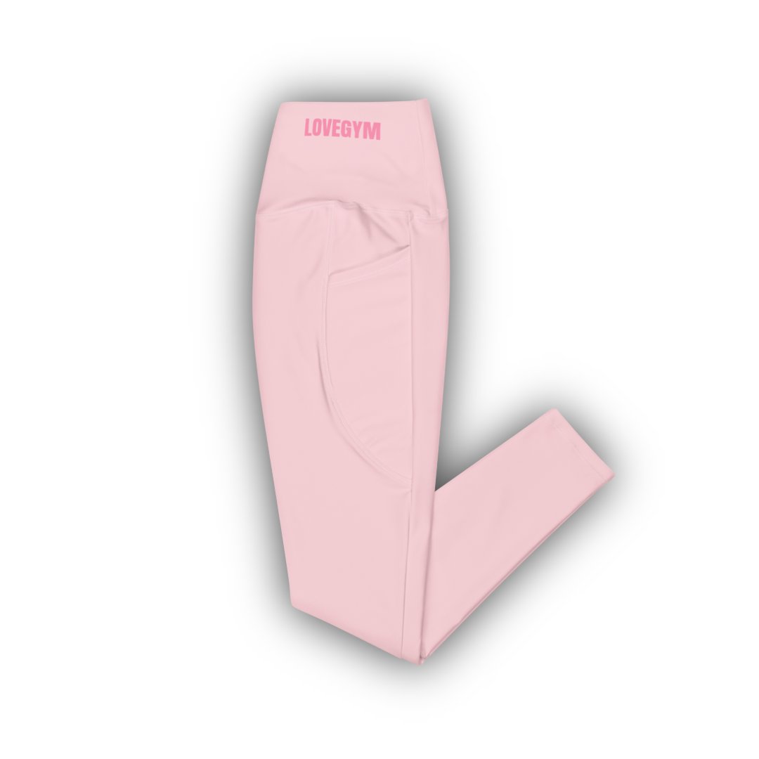 Pink leggings with 'LOVEGYM' branding on a white background