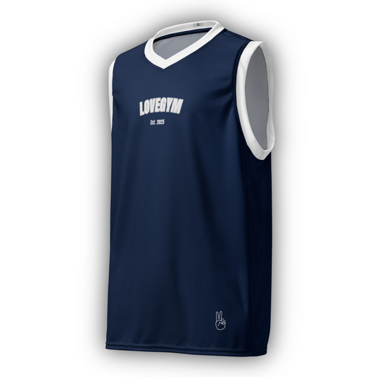 Navy blue sleeveless shirt Tank Top with white collar and 'LOVEGYM' text on a white background