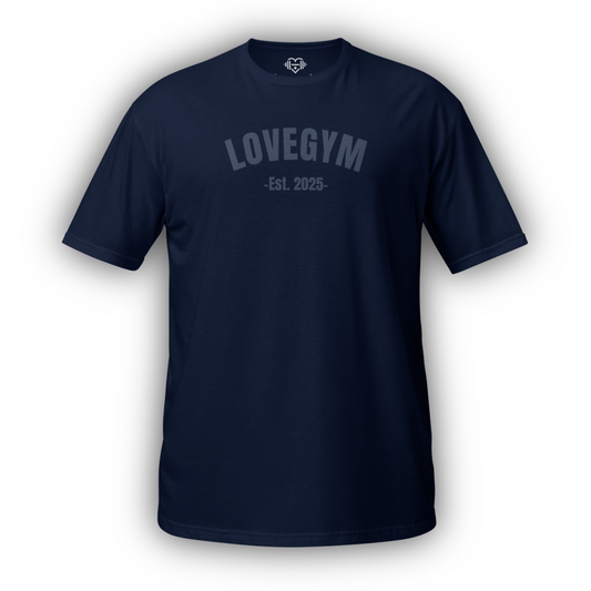 Navy blue t-shirt with 'LOVEGYM -Est. 2025-' text on a white background
