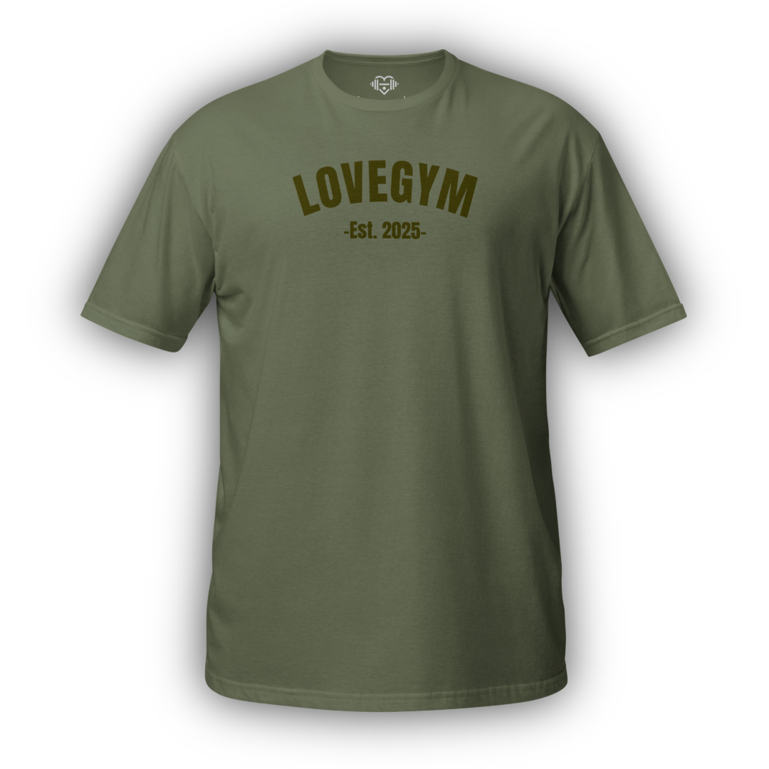 Green t-shirt with 'LOVEGYM Est. 2025' text on a white background