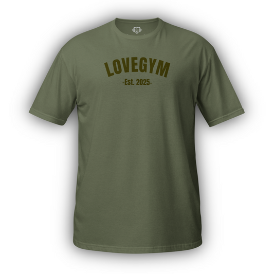 Green t-shirt with 'LOVEGYM Est. 2025' text on a white background