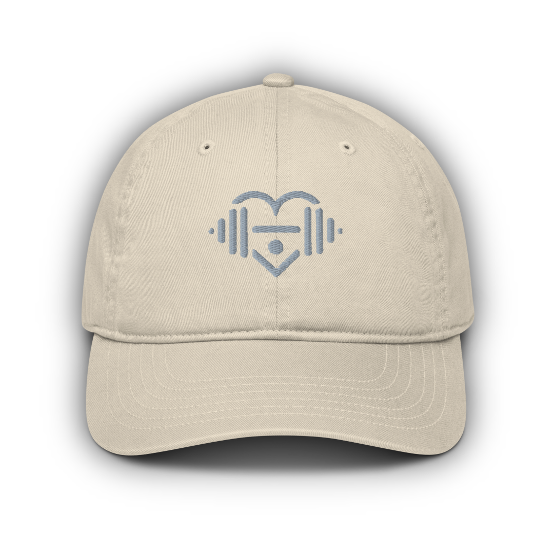 Oyster colour Organic Dad Hat with LOVEGYM logo on a white background