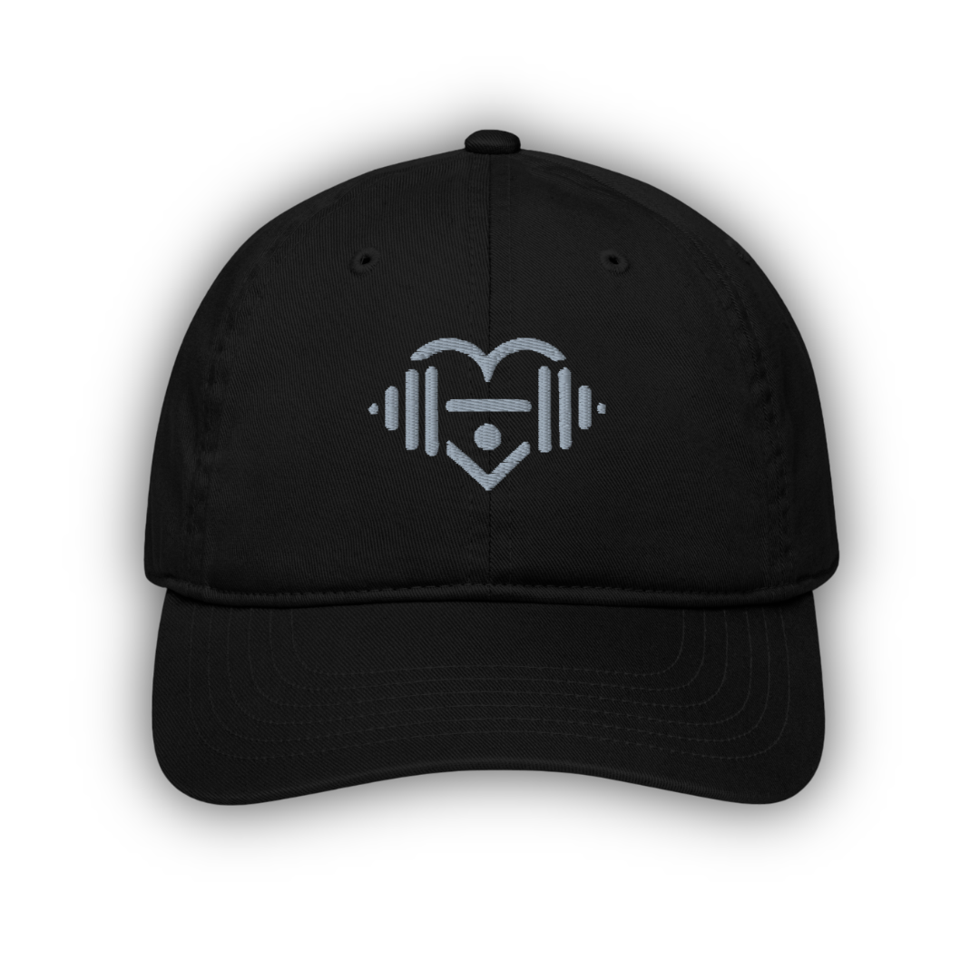 Black Organic Dad Hat with LOVEGYM logo on a white background