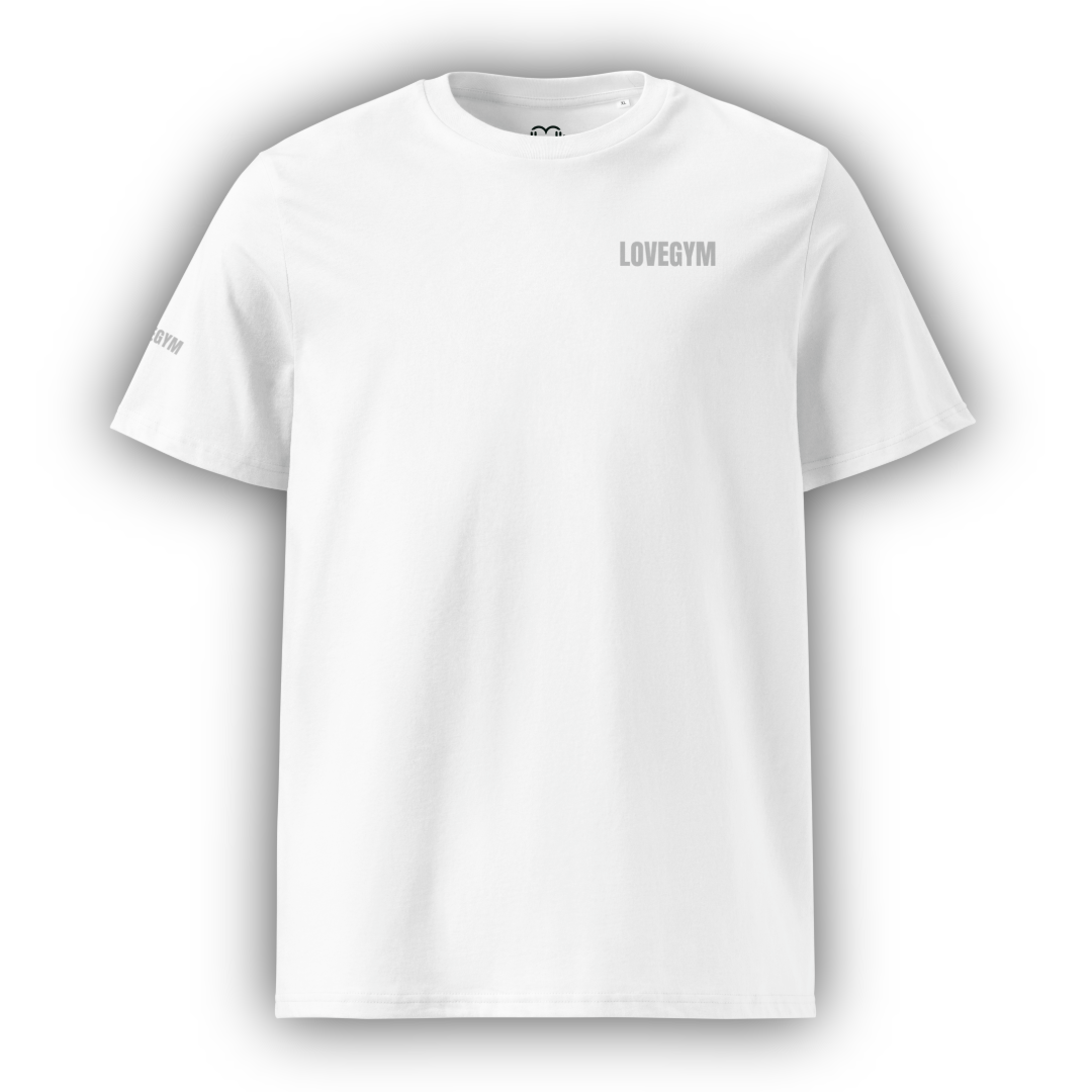 White t-shirt with 'LOVEGYM' logo on a white background