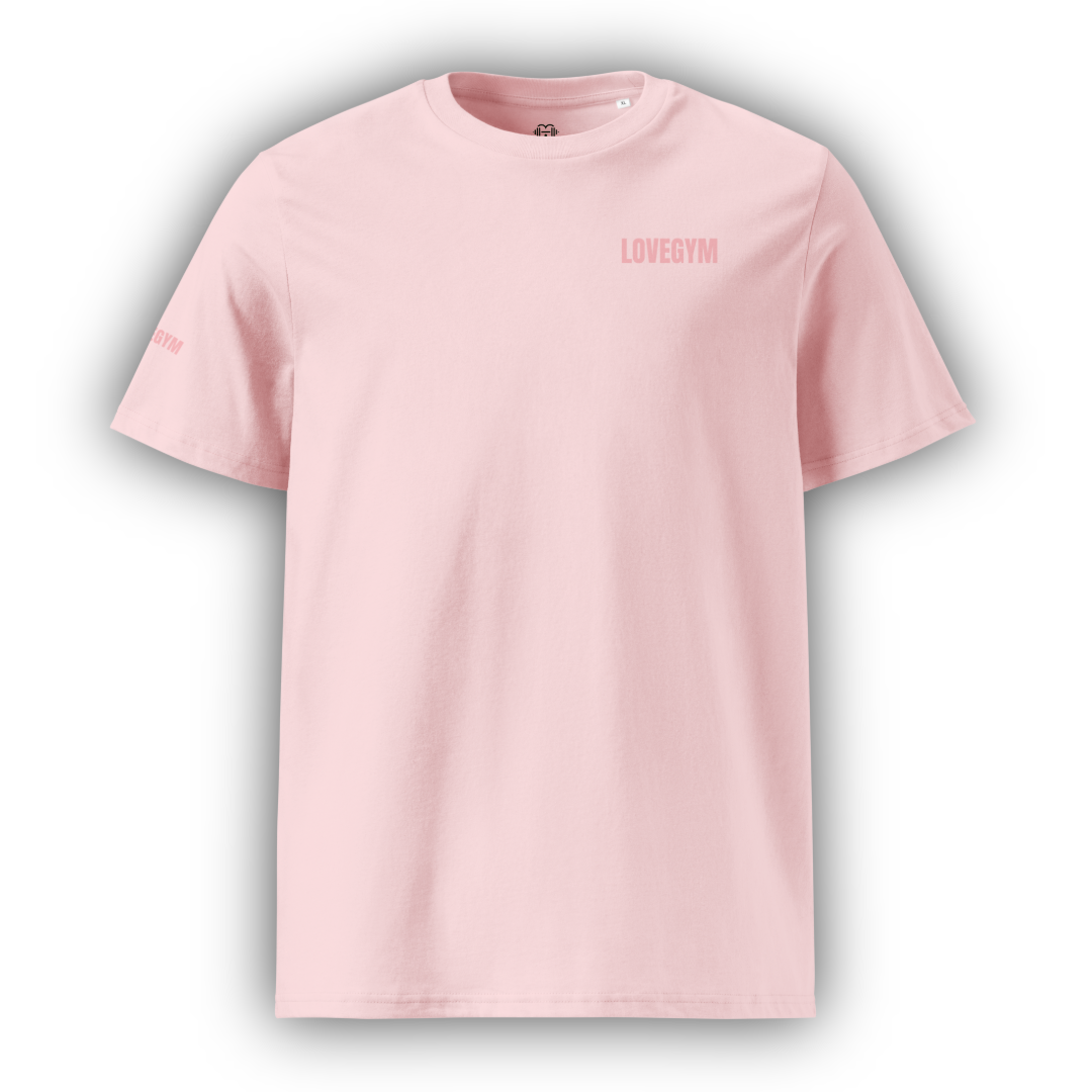 Pink t-shirt with 'LOVEGYM' logo on a white background