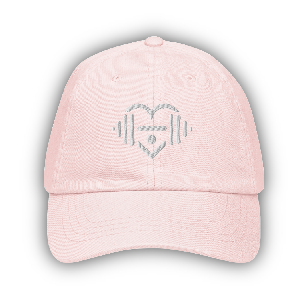 Pink baseball cap with LOVEGYM logo on a white background