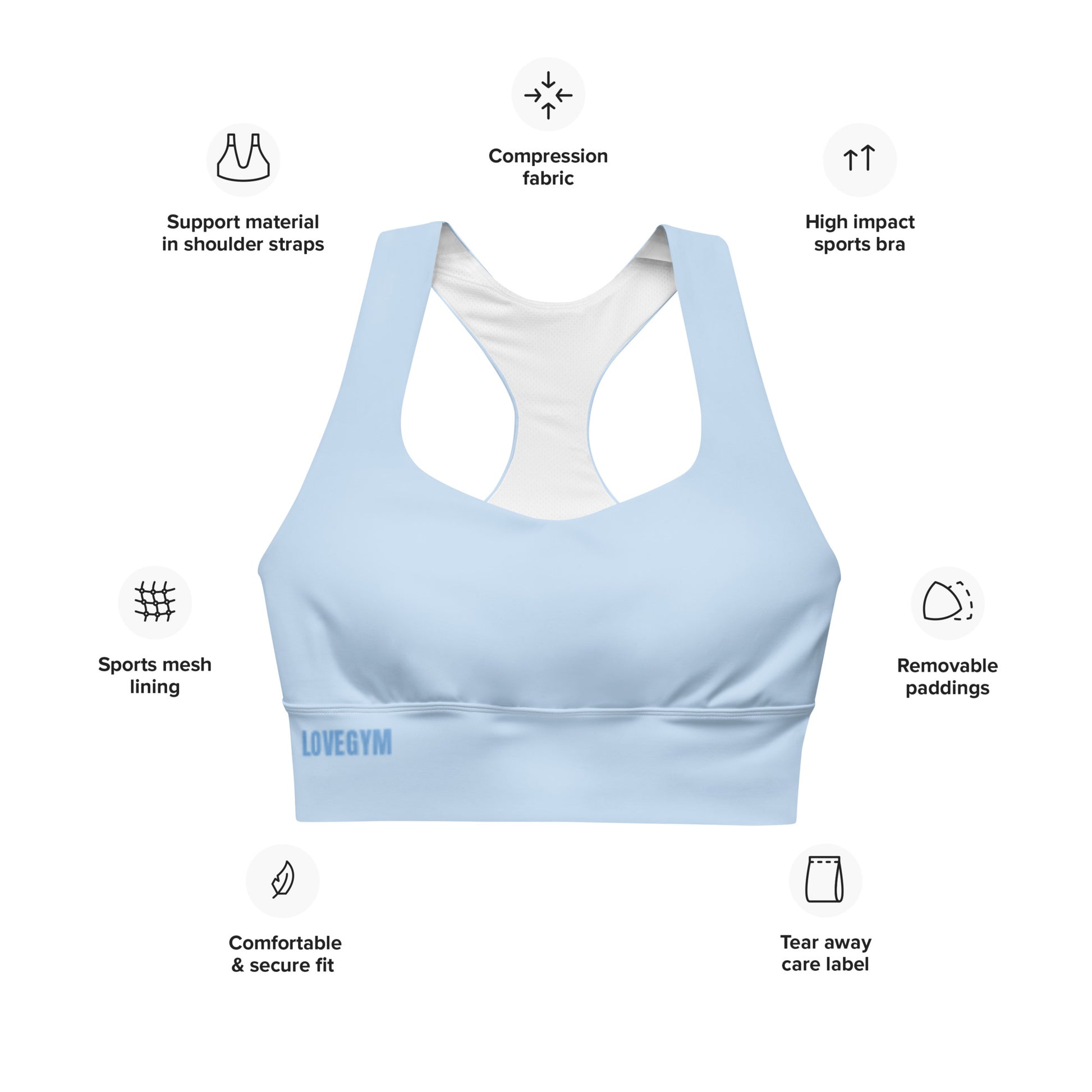 LOVEGYM Recycled Longline Sports Bra in Light Blue