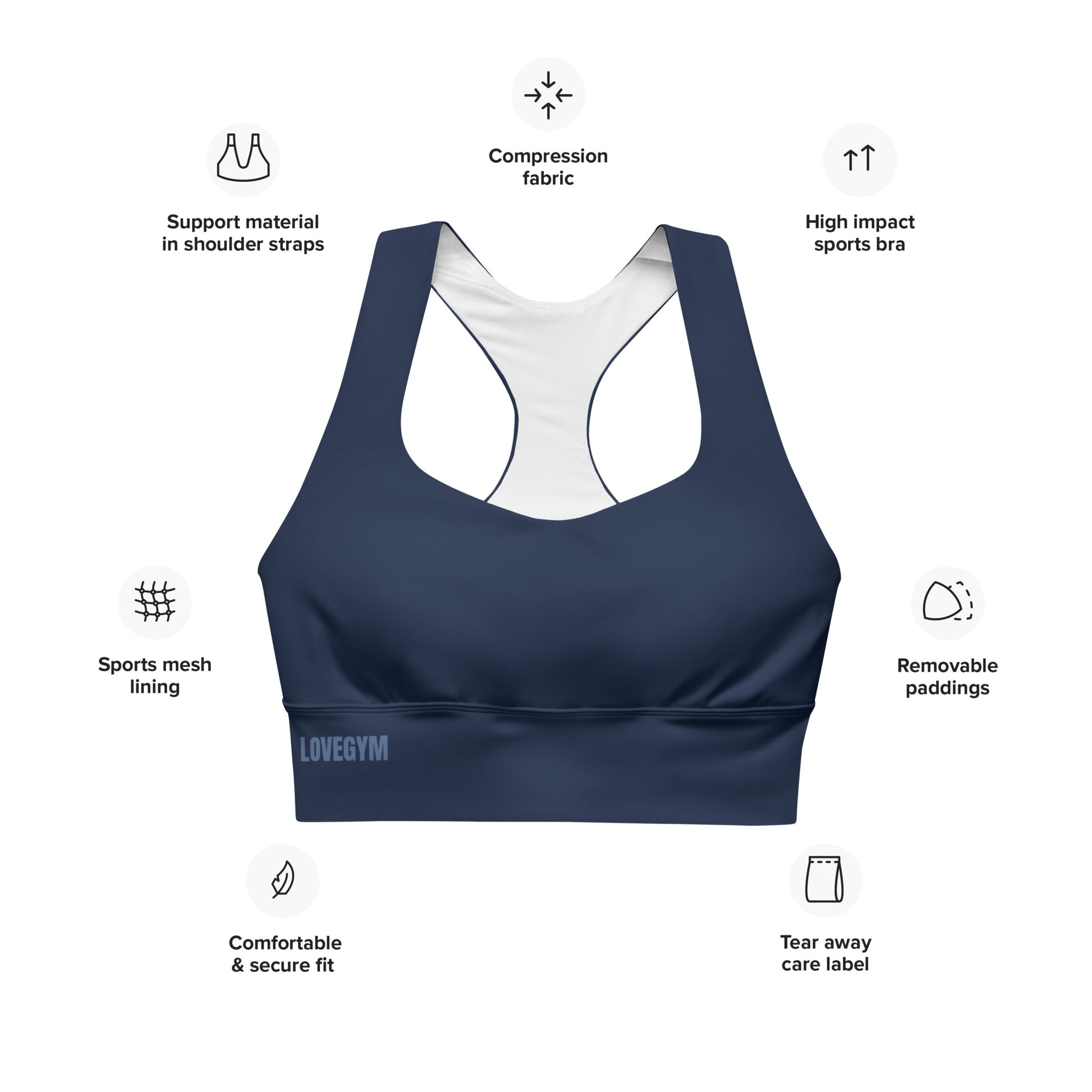 LOVEGYM Recycled Longline Sports Bra in Navy