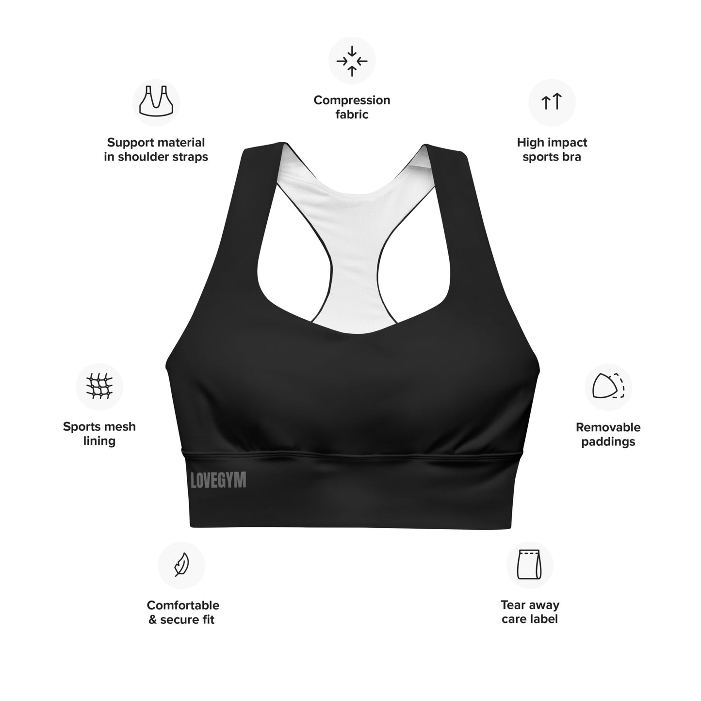 LOVEGYM Recycled Longline Sports Bra in Black