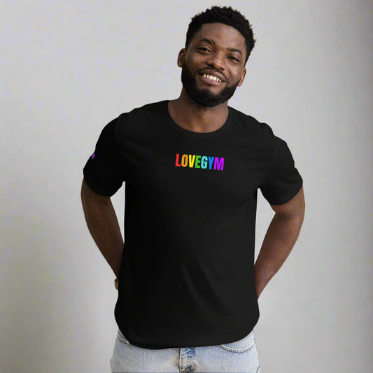 Product mockupLOVEGYM Unisex T-shirt in Black– Pride Edit 🏳️🌈