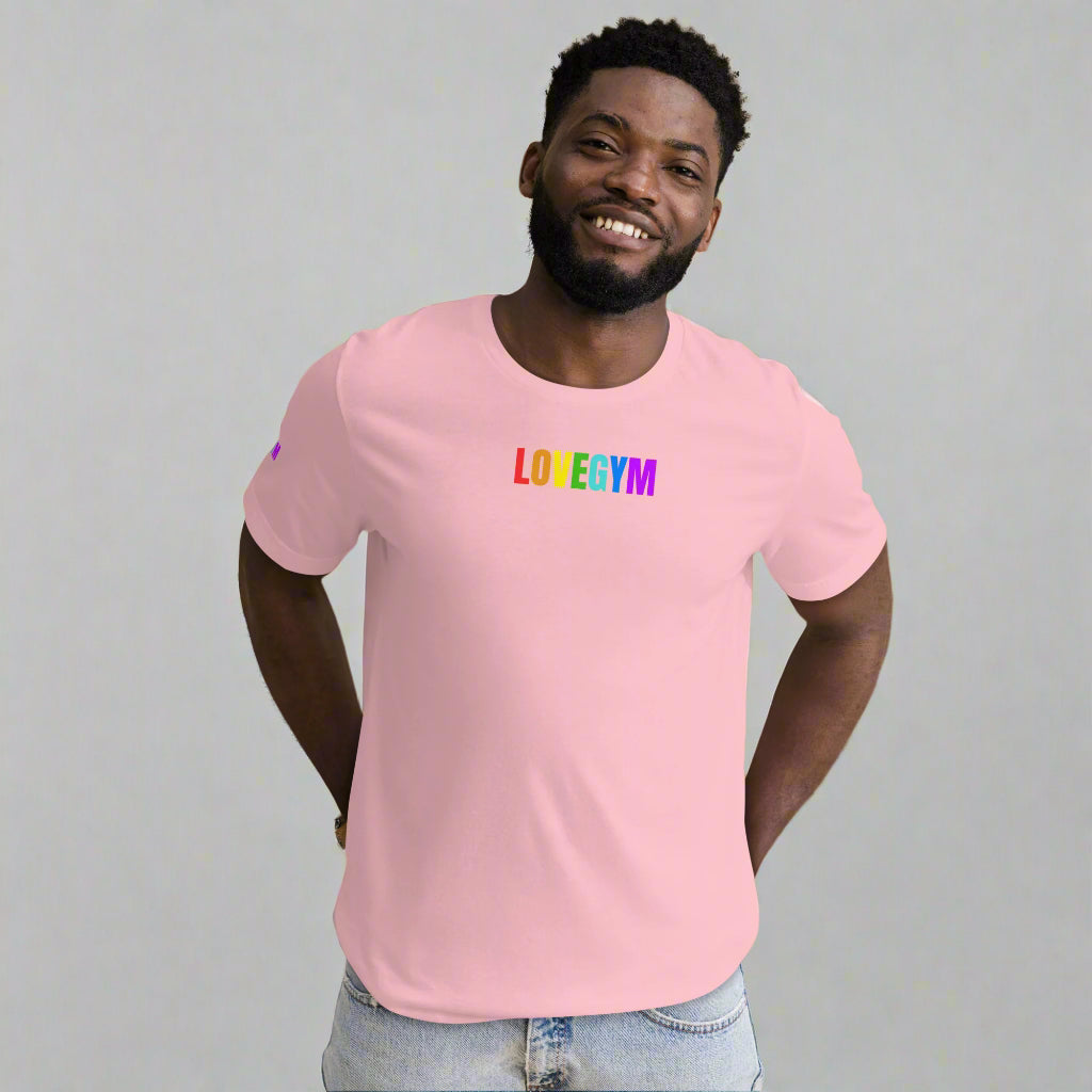 Product mockupLOVEGYM Unisex T-shirt in Pinkโ Pride Edit ๐ณ๏ธโ๐
